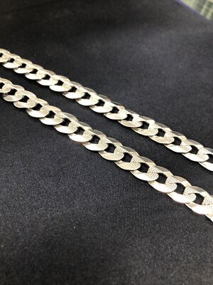 Mens Solid 925 Sterling Silver 10mm Diamond Cut Pave Cuban Curb Chain Necklace