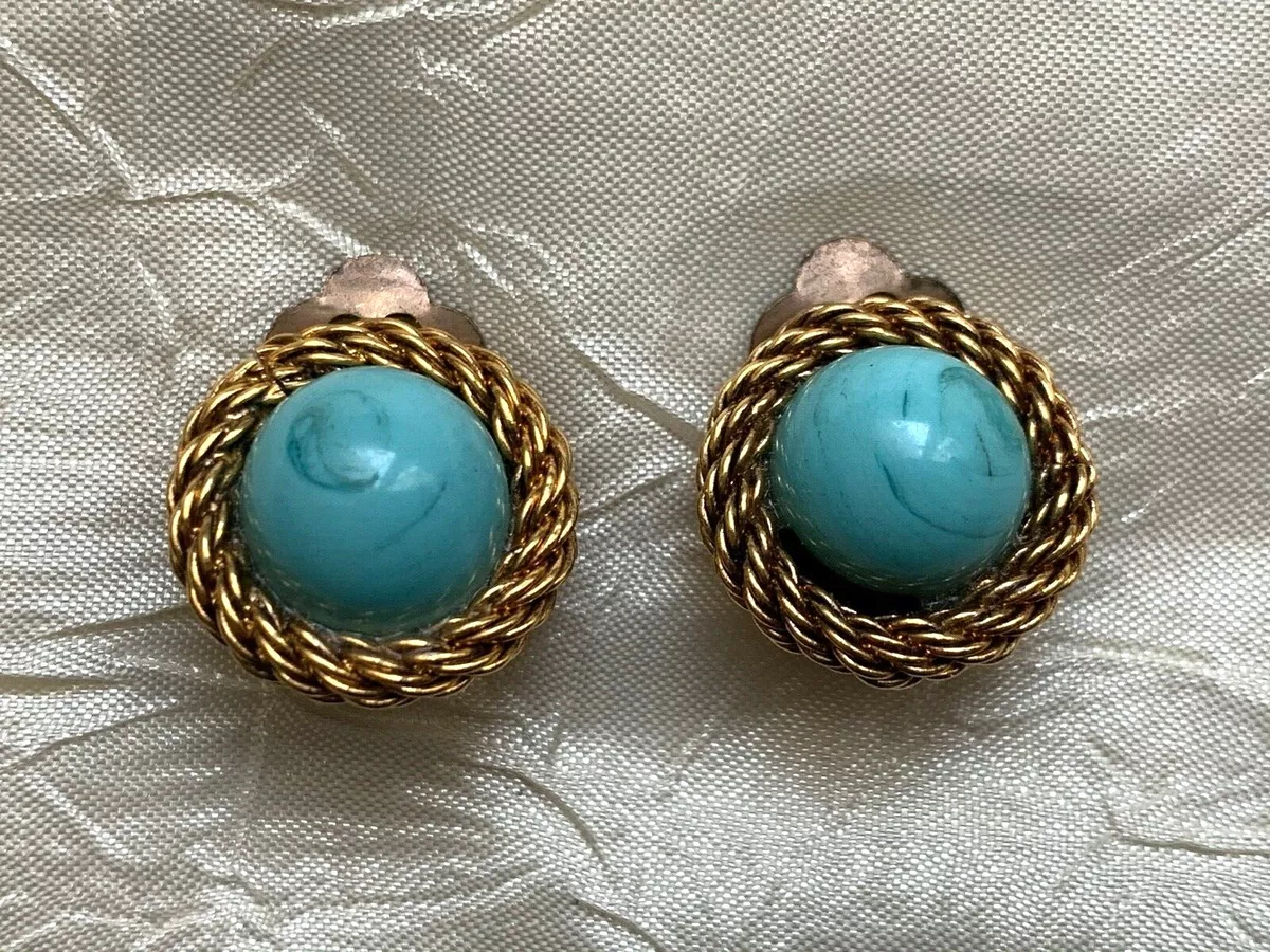 Small Vintage French Designer Clip on Earrings. Turquoise stone 1.8cm