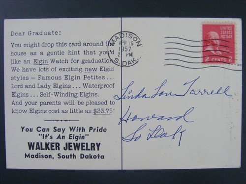 Elgin Watch Advertising Postcard 1957 Walker Jewelry Madison South Dakota - Picture 2 of 2