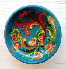 Norsk Husflid Engros Rosemaling Wood 8" Bowl Teal Floral Norway 1984 Signed 