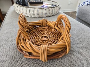 Vintage Wicker Round Tray Rattan Woven Basket Double Handles