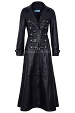 Ladies Goathic Long Coat Black | Front Studes Over Coat Soft Real Leather 3490