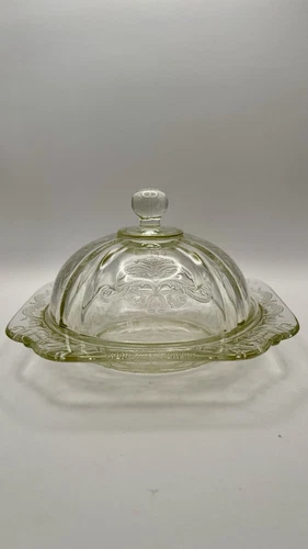 Vintage 1930s  Madrid Pattern Clear Depression Glass Butter Dish with cover.
