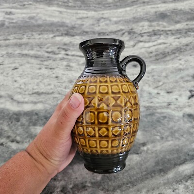 West Germany Handled Pottery Vase 445-17 Brown and Yellow Ceramic