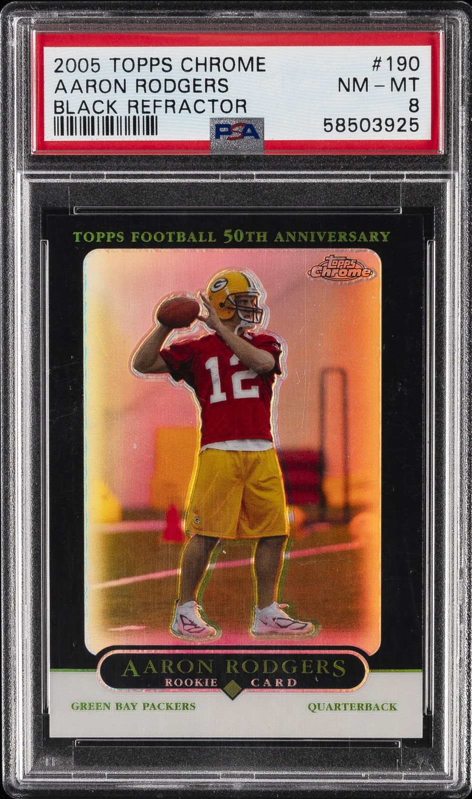 2005 TOPPS CHROME BLACK REFRACTOR #190 AARON RODGERS ROOKIE RC #/100 PSA 8