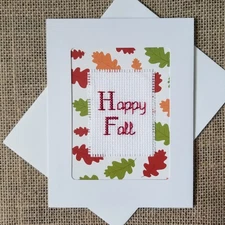 Completed Finished Cross Stitch Happy Fall Leaves Blank Note Card