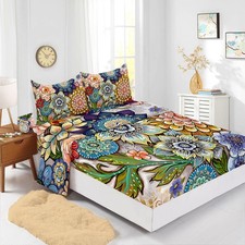 Bohemian 4 Pieces Bed Sheets Soft Washed Microfiber Boho Floral Bedding Set F...