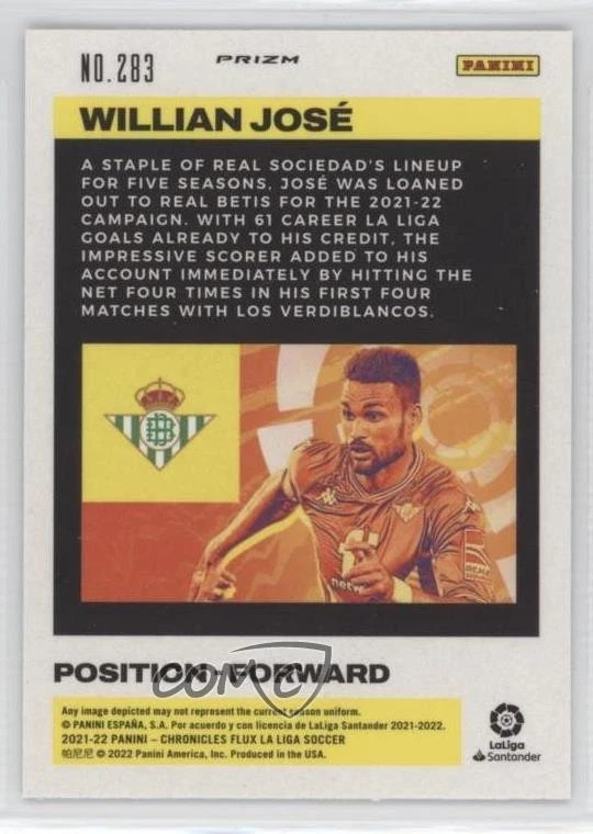 2021-22 Panini Chronicles Base La Liga Flux Purple Mojo Prizm Willian Jose #283 - Image 2 of 2