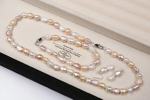Genuine 10-12 mm White Pink Puple Pearl Necklace Bracelet Earring Set 18"8" - Picture 2 of 8