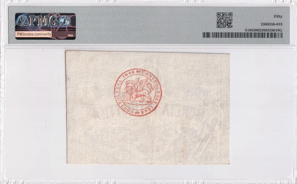 PMG Italy 5 Lire 1848 P-S188 About Uncirculated 50 - Image 2 of 2