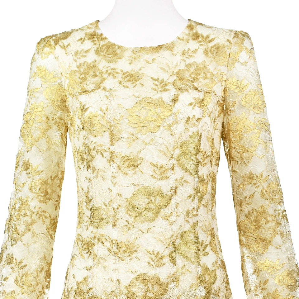 Vestido OSCAR DE LA RENTA 2016 dorado y blanco de encaje abierto ajustado y acampanado talla 6/8 M Foto 2 de 4