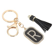 Initial Letter Keychain Cubic Crystal Keychain with Tassel Letter R Black/Gold