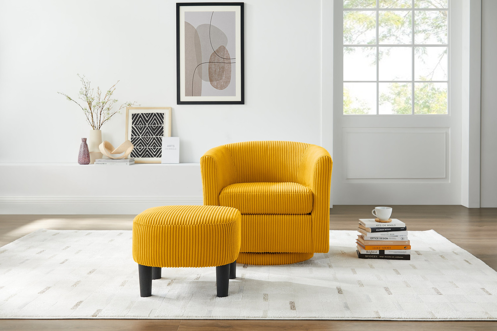 Swivel Accent Chair with Ottoman in Comfy Yellow Corduroy