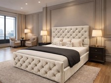 Image of Upholstered Panel Bed Frame Velvet Luxury Modern High Headboard All Sizes Colour