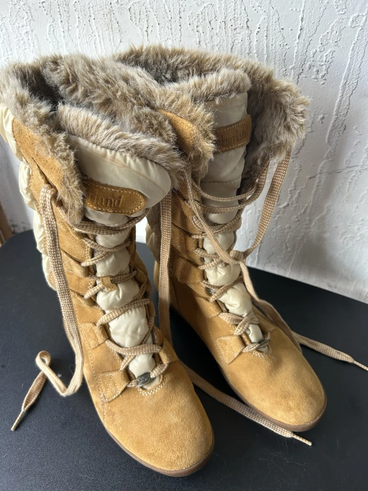 Timberland Winter Boots Tan Suede Puffer Lace Up Sherpa Trim Womens Size 8M - Image 3 of 4