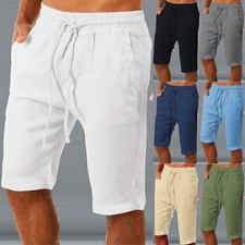 Men Cotton Linen Chino Shorts Elastic Waist Drawstring Cargo Casual Half Pants