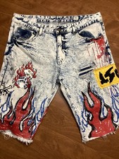 Smoke Rise Denim NYC Acid Washed Shorts Size 36 Flames Patched Thrashed