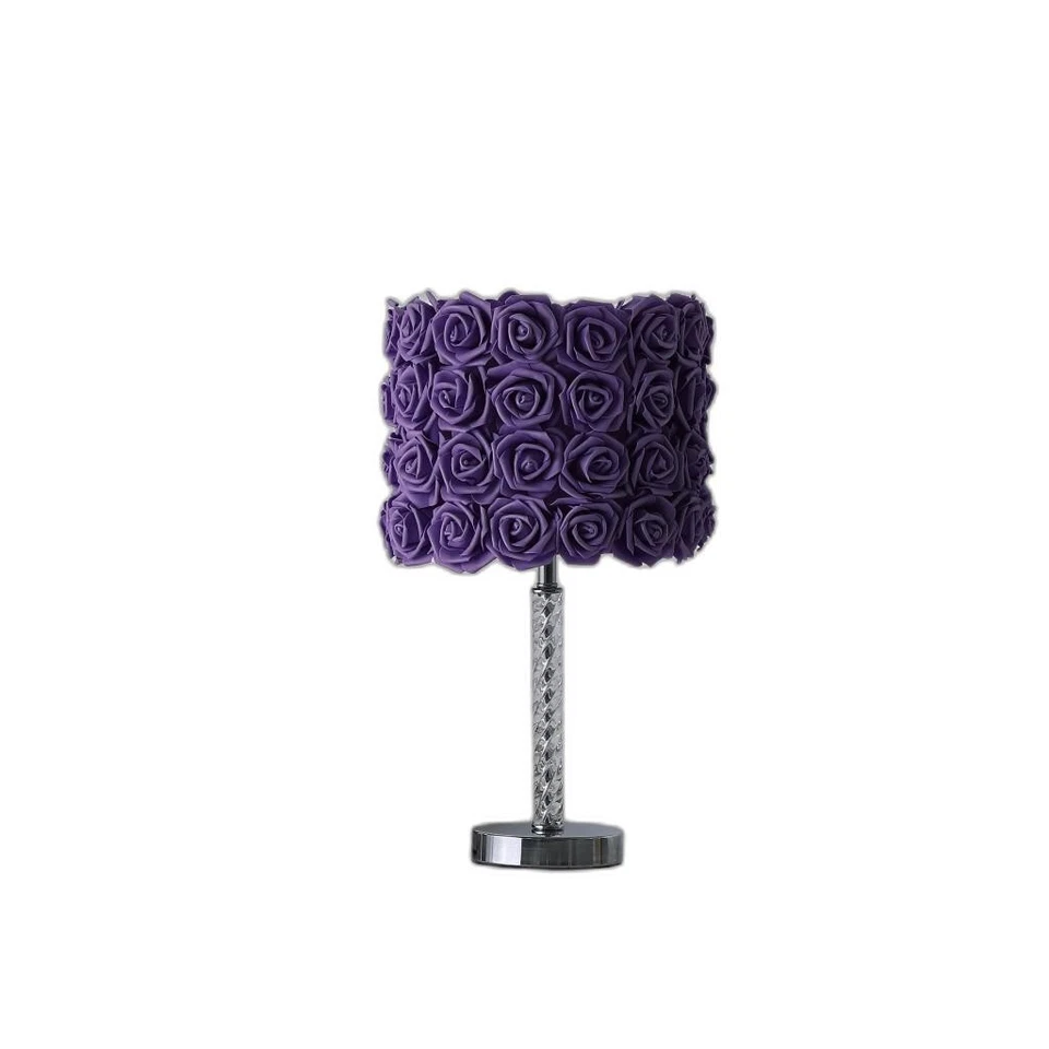 18" Silver Bedside Table Lamp With Purple Flowers Drum Shade - Image 2 of 4