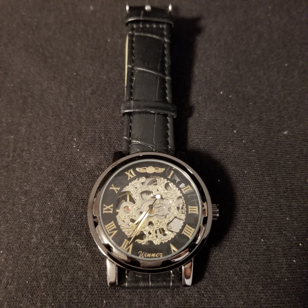 Winner Fashion Men's Black/Gold Skeleton Wrist Watch w Winner Fashion Men's Black/Gold Skeleton Wrist Watch w