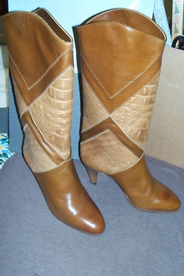 ITALIAN PERUZZI BOOTS SIZE 7M TOP-STITCHED BROWN COGNAC LEATHER & CAIMAN