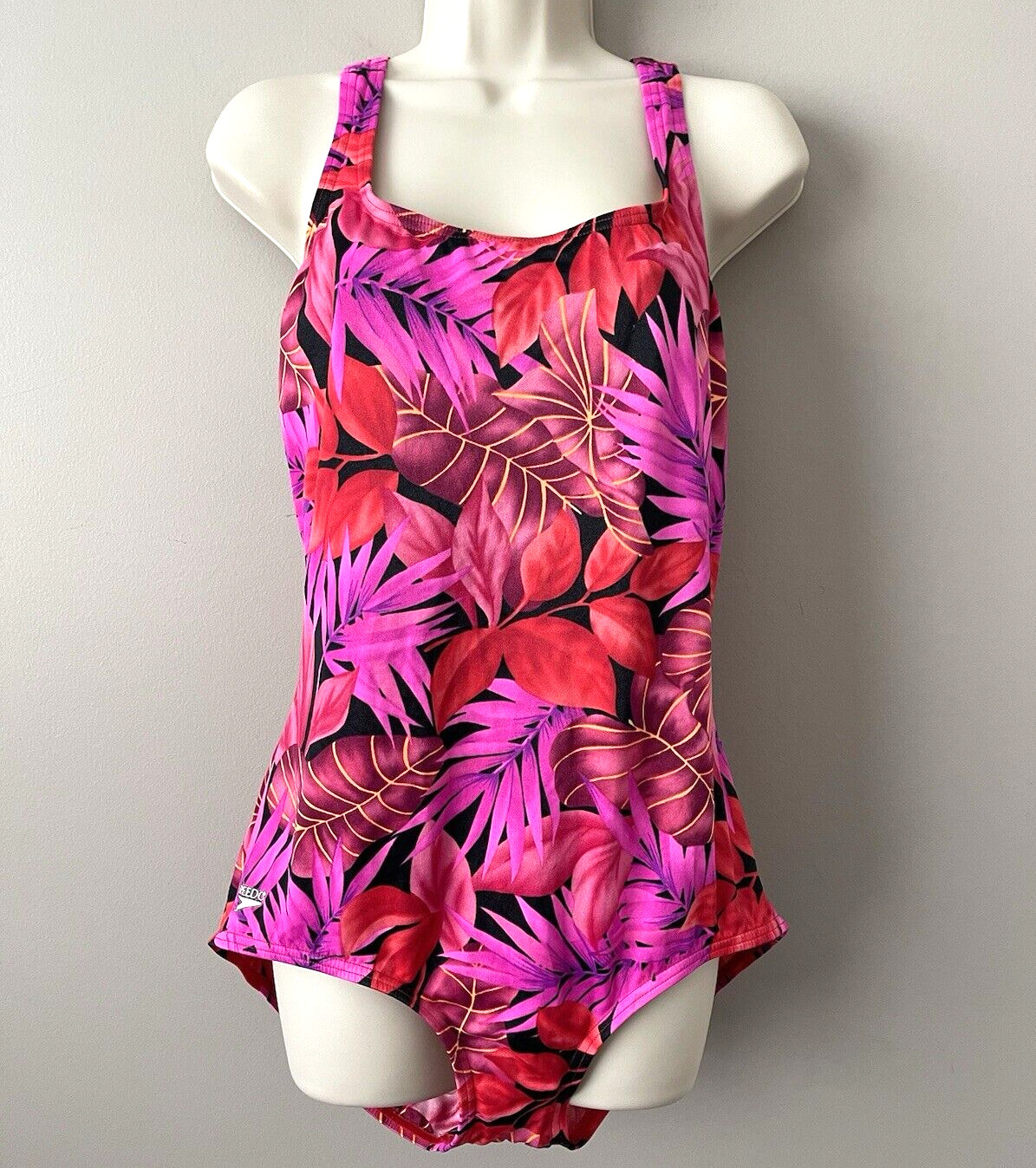 SPEEDO Womens Pink/Red/Orange Leaf Design One Piece Swimsuit Racer-back Straps