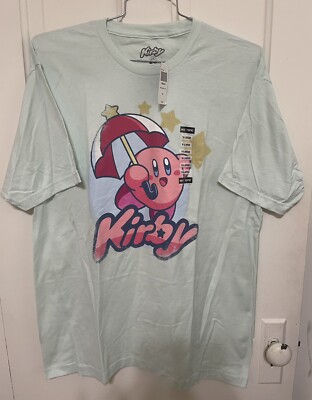 NWT Men's Unisex XL Kirby Green Umbrella Stars Vintage Fade Hot Topic Nintendo