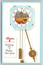 Holiday~Happy New Year~Clock W/ Deer & Creek Scene~Embossed~Vintage Postcard