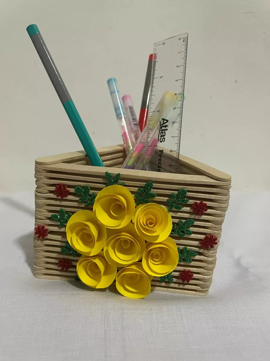 Creative Popsicle Stick Handmade Pen Holder Natural wooden Craft Table Decor