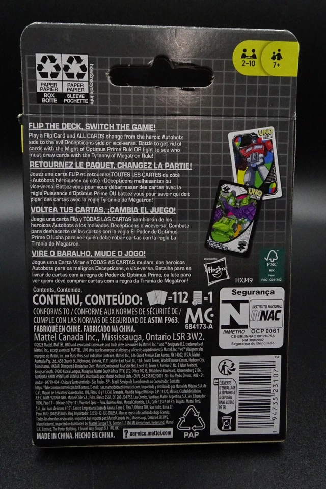 Mattel UNO Flip! Edición "TRANSFORMERS" / Juego de Cartas Doble Cara - Nuevo Foto 4 de 4