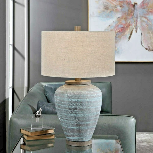 Pelia Ceramic Table Lamp Light Aqua Blue Rustic Bohemian ~ Uttermost 26228 - Picture 2 of 9