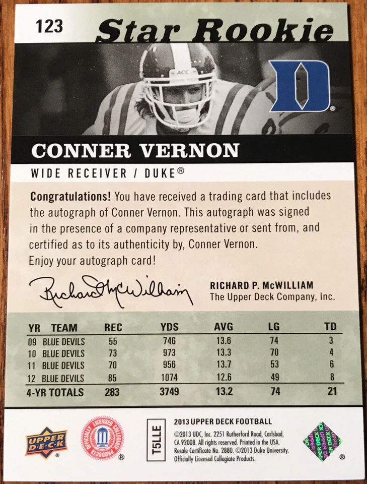 2013 Upper Deck Rookie Autographs Conner Vernon #123 Duke Blue Devils - Image 2 of 2