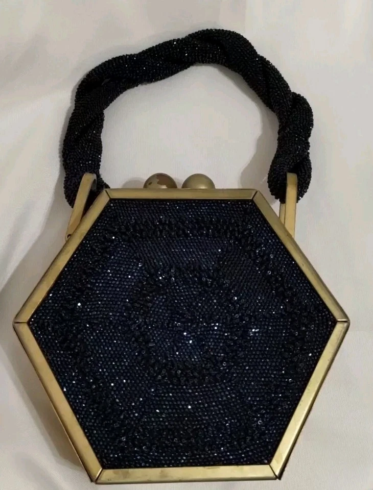 Bolso/Cartera Zafiro Azul Cuentas Tortuga Lucita Chapado en Oro Tirol 1940 De Colección Foto 4 de 4