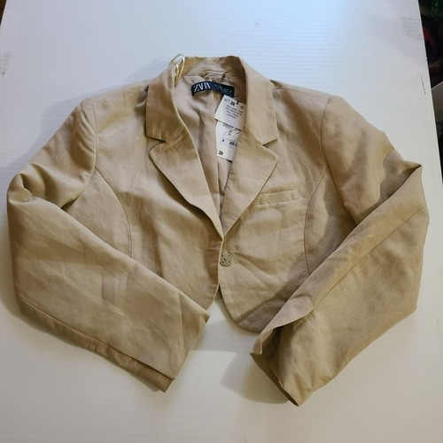 ZARA LINEN BLEND CROPPED BLAZER SAND SIZE L | 8073/220