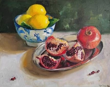 Pomegranate lemon fruit still life original oil painting modern kitchen wall dec