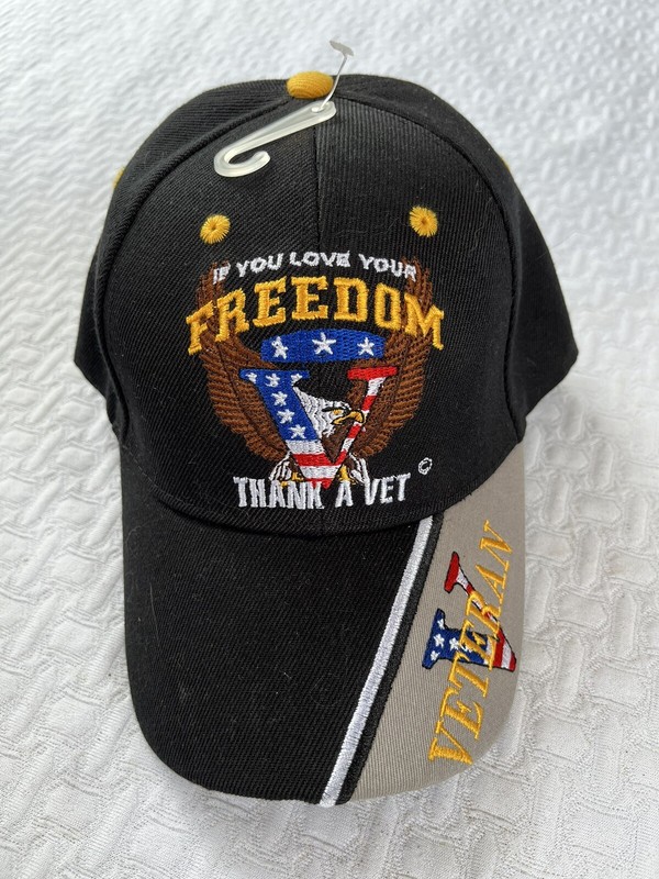 *NEW*  "If You Love Freedom Thank A Vet" Black Acrylic Hat/Cap Adj Back Strap