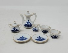 Delft Blue Dollhouse Miniature Teapot Set Tea Cups Plates Porcelain Blue 2"H