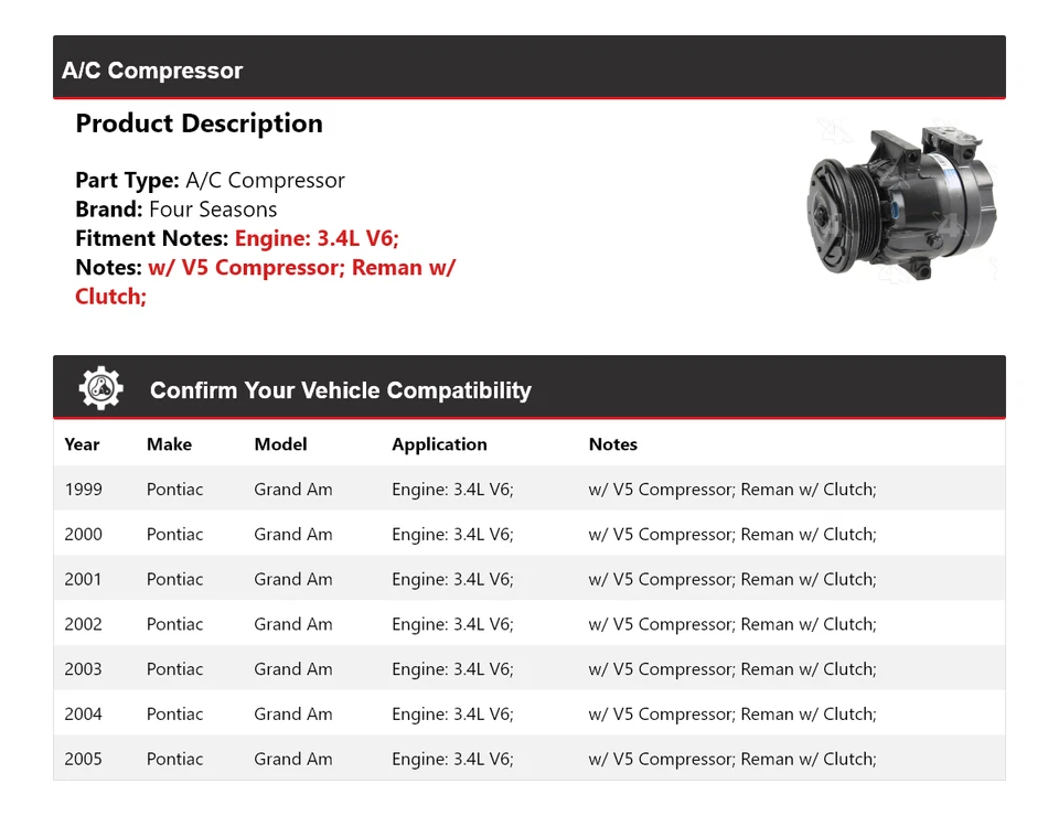 Compresor de aire acondicionado para Pontiac Grand Am 1999-2005 3,4 L V6 4 estaciones 2000 2001 2002 Foto 2 de 4