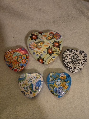 Brighton Heart Shaped Jewelry Tins Lot Of 5- Empty 3in (4) And 5in (1)