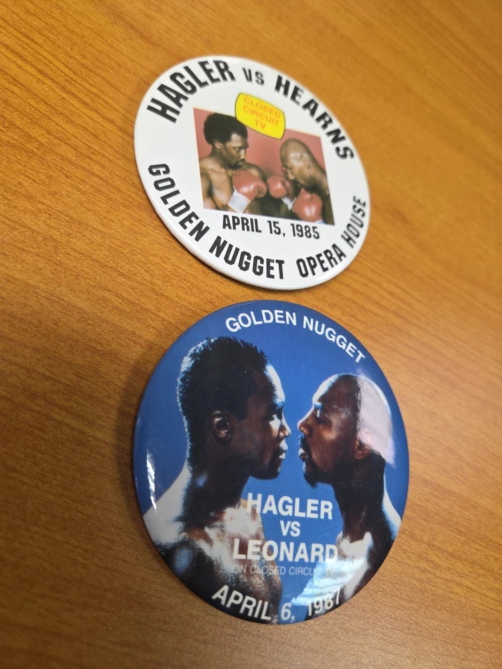Boxing Pins Hagler-Hearns '85 & Hagler-Leonard '97, Both 3.5 Inch, Golden Nugget - Image 3 of 4