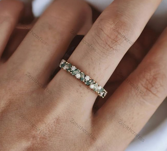 Natural Moss Agate Wedding Band Promise Ring Art Deco Unique Baguette Cut Green