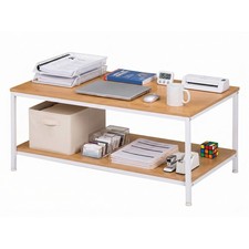Natural Wood Coffee Table 2-Tier Rectangle with Storage Shelf and Metal Frame