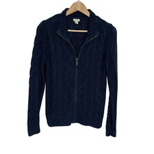 L.L. Bean Cable Knit Cardigan Sweater Womens SP Navy Full Zip Cotton Fisherman