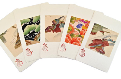 5 alte japanische Seidenpostkarten aus antikem Kimono Stoff gestempelt