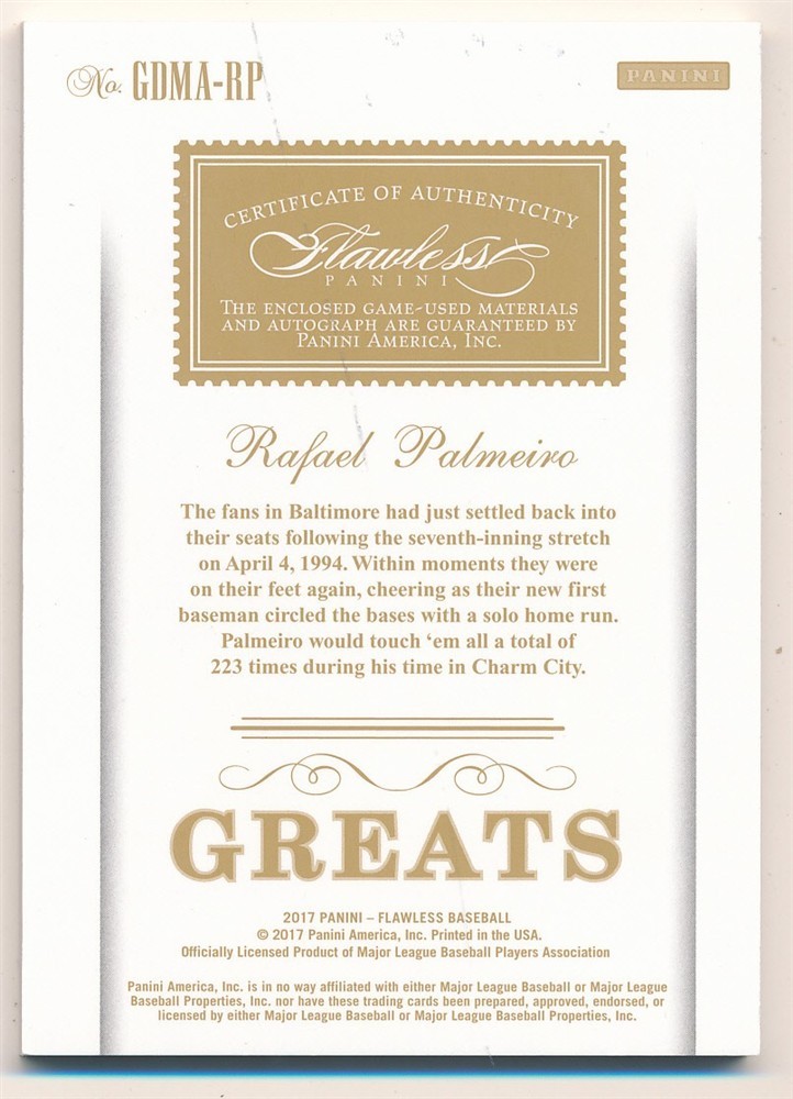 RAFAEL PALMEIRO 2017 PANINI FLAWLESS GREATS BLACK AUTOGRAPH PATCH AUTO SP 1/1 view 2