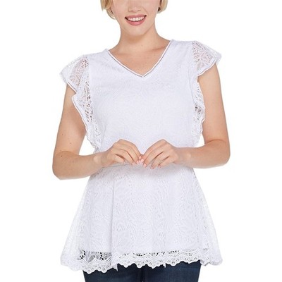 New Isaac Mizrahi LG Stretch Lace Flutter Sleeve Peplum Tunic White #75168