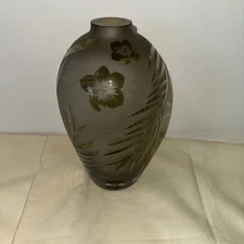 2007 Michael Weems Acid Etched Glass Vase 8”- Gray- Floral Pattern