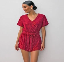 Women's Short Sleeve Sequin V neck Romper Belted 2 piece Outfit