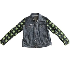 moose knuckles men’s denim jacket with flannel sleeves