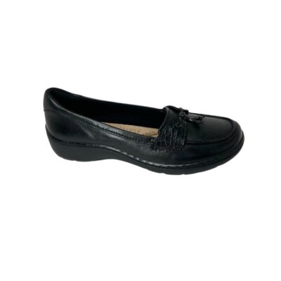 Clarks Women's Cora Haley Mixed-Texture Tie-Top Loafers Black Leather Size 7.5M