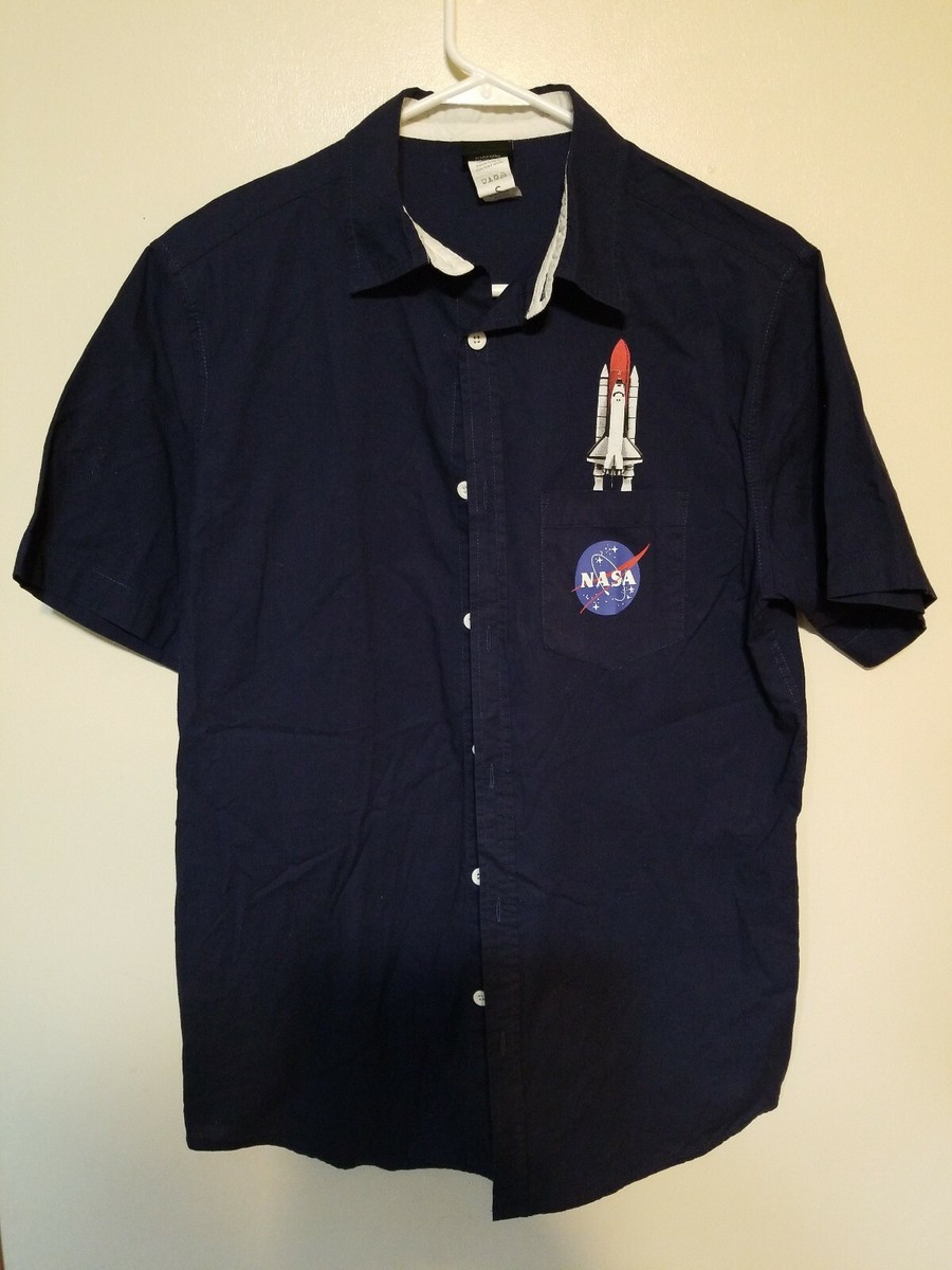 nasa dress shirt NASA Fifth Sun Mens Small Dress Shirt Navy Blue SS Button Up Space Shuttle